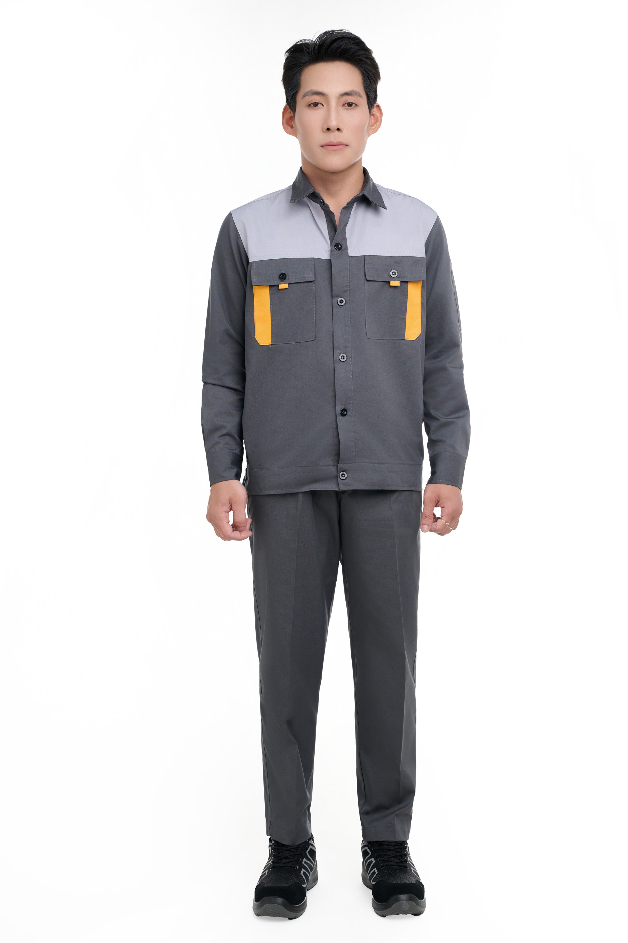 Quần áo bảo hộ - vải kaki liên doanh chéo 2/1 - Màu Ghi chì phối vàng