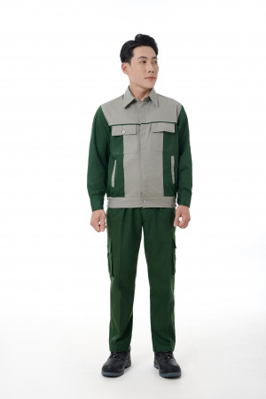 Quần áo bảo hộ - vải kaki liên doanh chéo 2/1 - màu xanh lá phối ghi