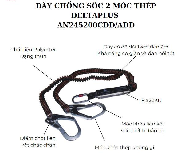 Dây chống sốc 2 móc thép DeltaPlus AN245200CDD/ADD là loại dây an toàn trên cao có khả năng chống rơi, ngăn ngừa tai nạn, chống sốc, giúp đảm bảo an toàn.