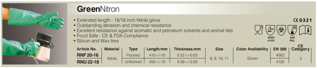 Găng tay cao su Green Nitron 16 RNF 20-16 là loại găng tay lao động tốt, làm từ cao su tổng hợp, bền dẻo và đàn hồi, chống hoá chất, bảo vệ da tay, an toàn hiệu quả.